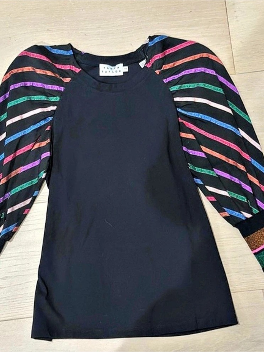 Tanya Taylor Abstract Puff Sleeve Top in Black & Multicolor Size Medium